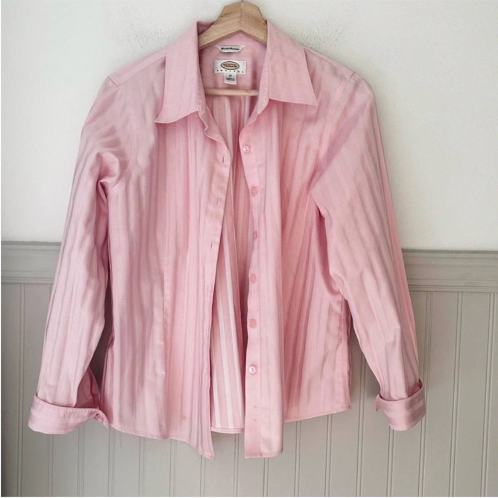 Talbots Vintage Light Pink Striped Button Down Shirt Size 12 Petite Long Sleeve